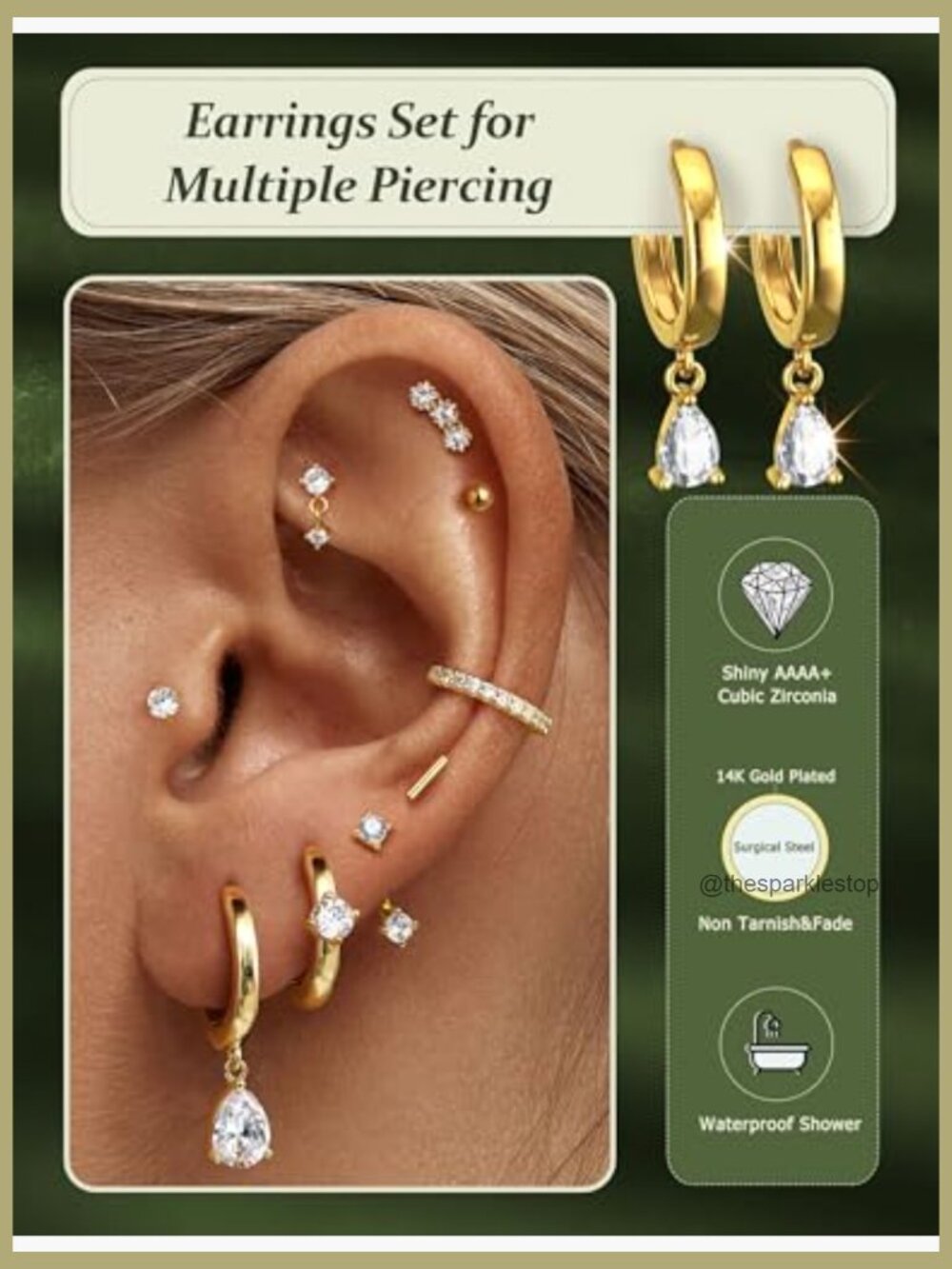 Hypoallergenic 14K Gold Plated Earring Set - 9 Pairs Surgical Steel Studs for - Picture 3 of 7